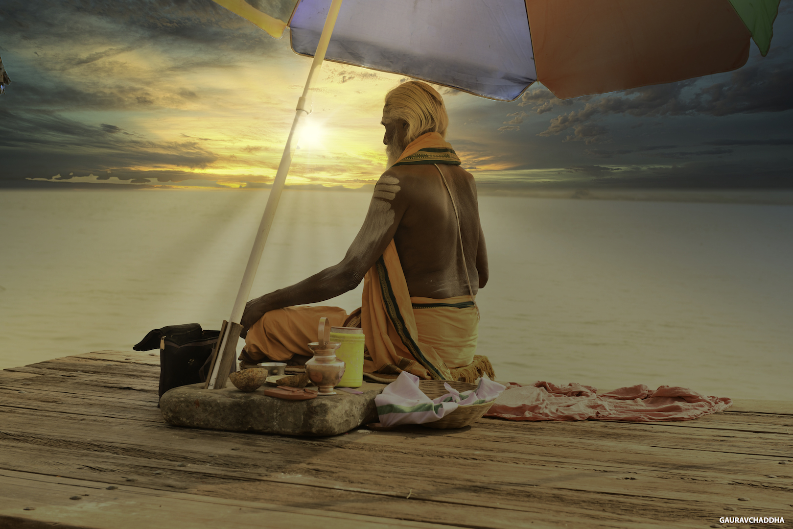 A Priest meditating in Dashasmed Ghat Varanasi,India